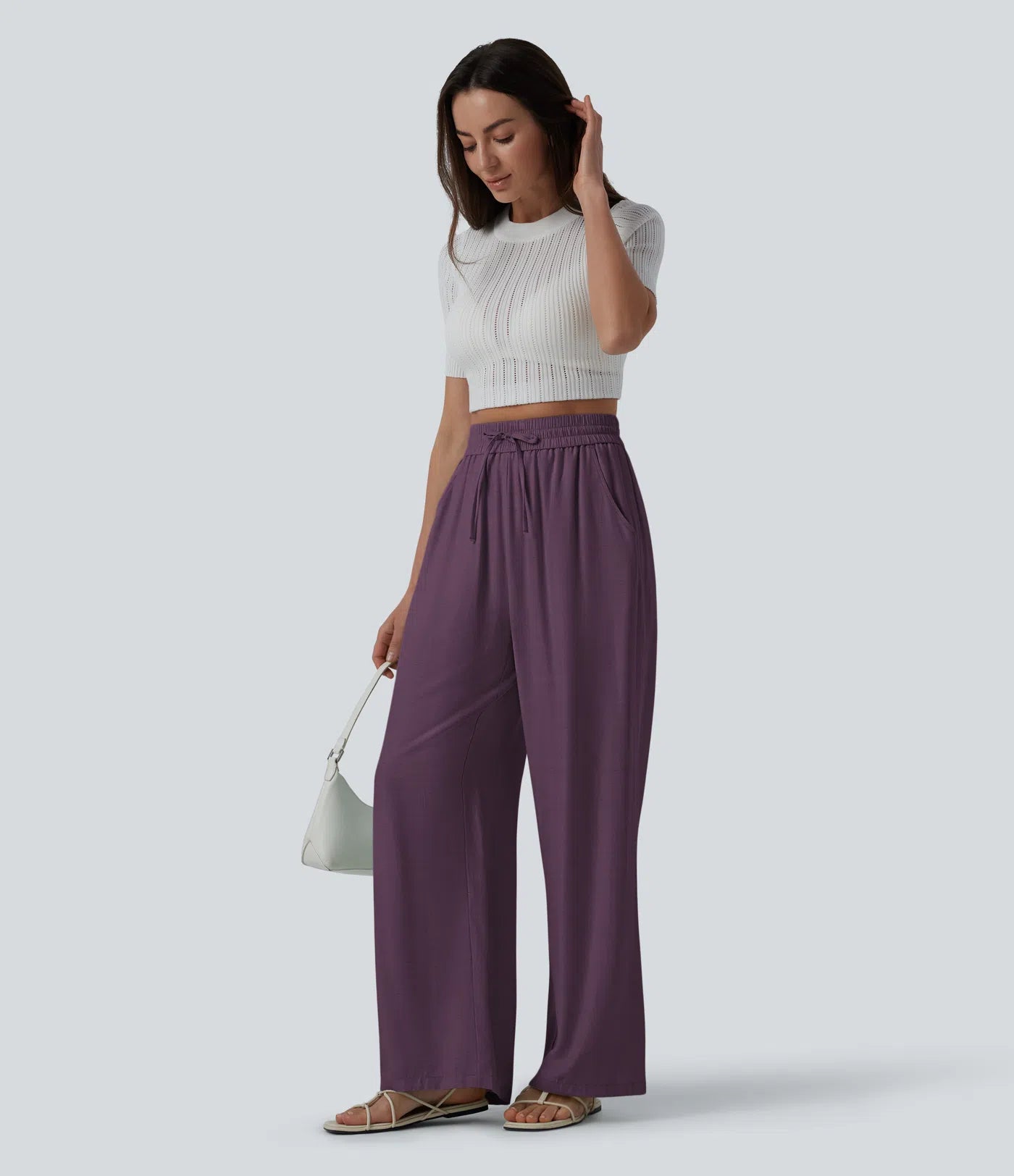 High Waisted Drawstring Wide Leg Casual Linen-Blend Pants with Pockets