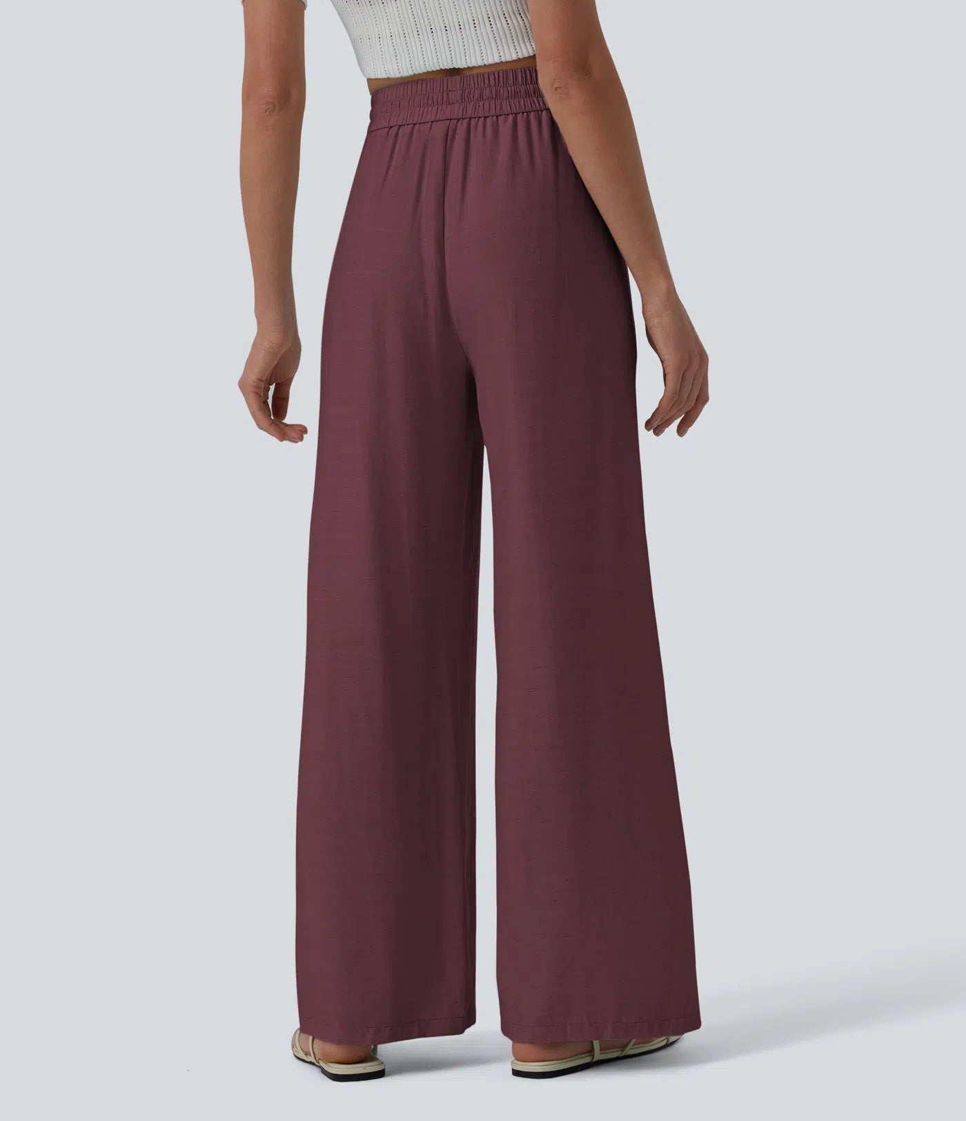 High Waisted Drawstring Wide Leg Casual Linen-Blend Pants with Pockets