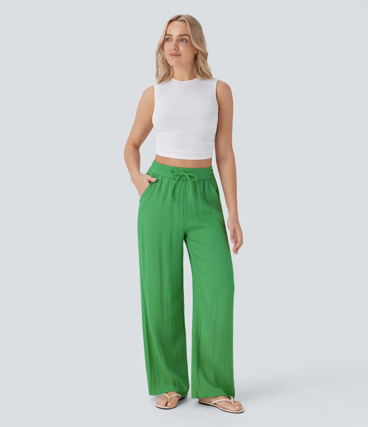 High Waisted Drawstring Pocket Wide Leg Baggy Casual Linen-Feel Pants