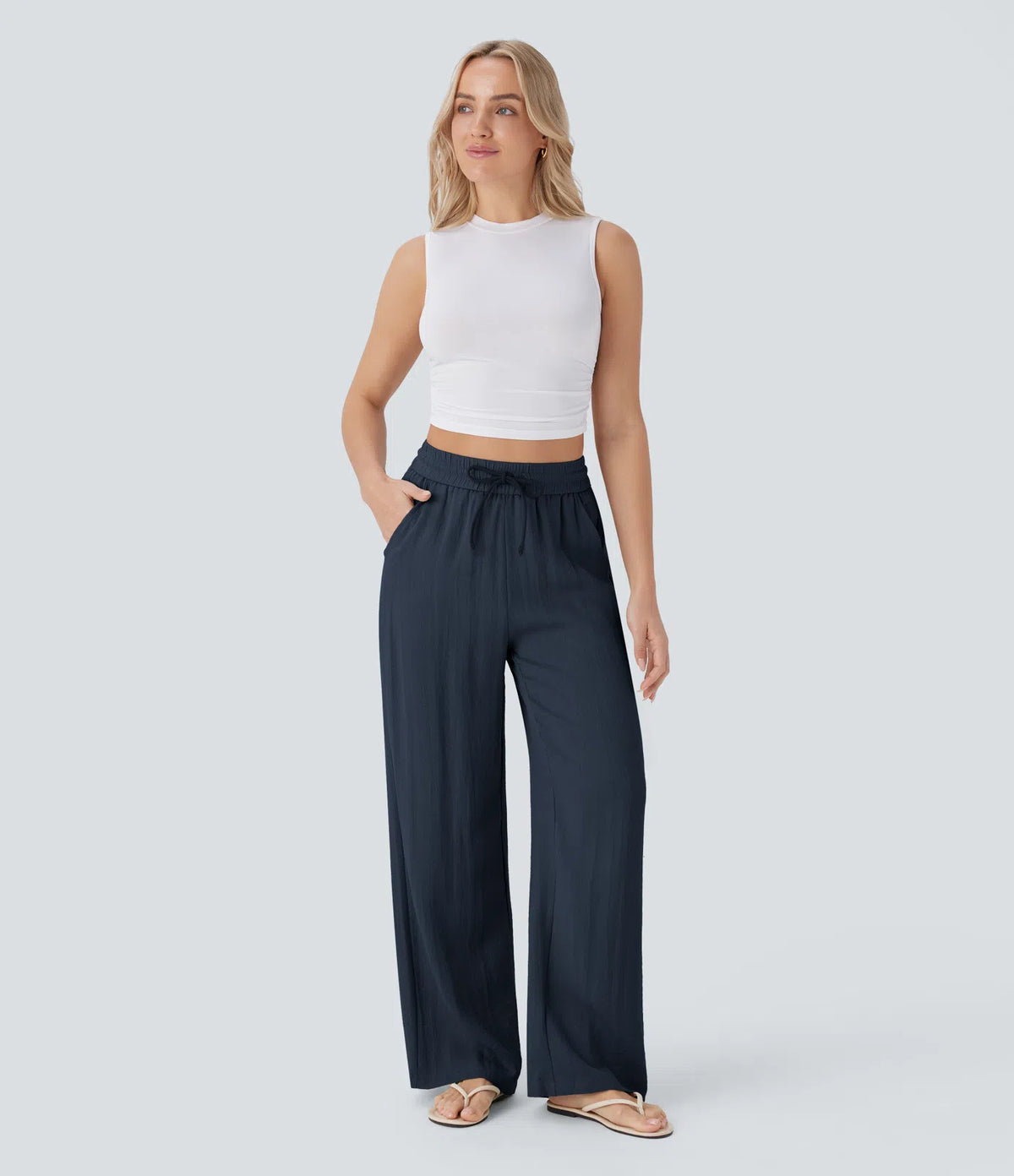 High Waisted Drawstring Pocket Wide Leg Baggy Casual Linen-Feel Pants