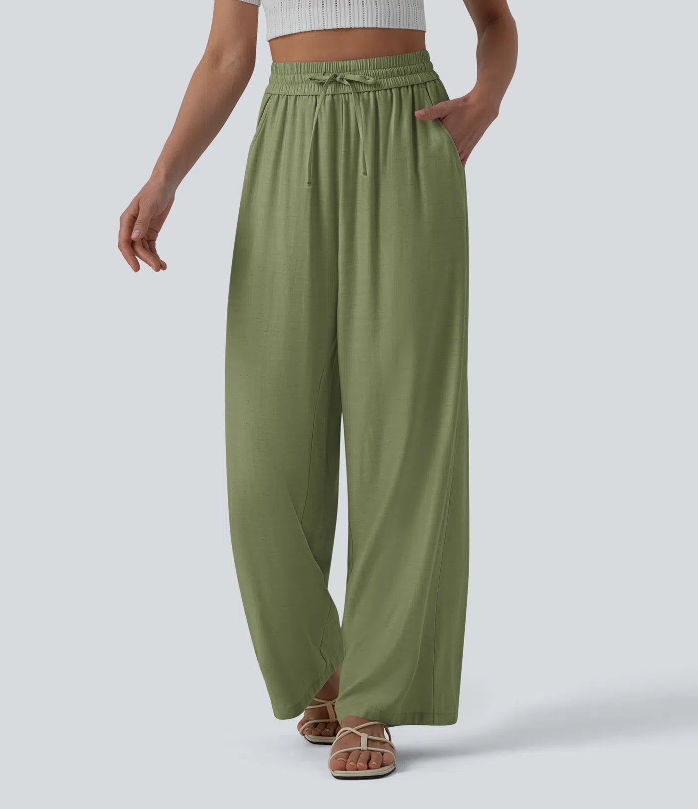High Waisted Drawstring Wide Leg Casual Linen-Blend Pants with Pockets