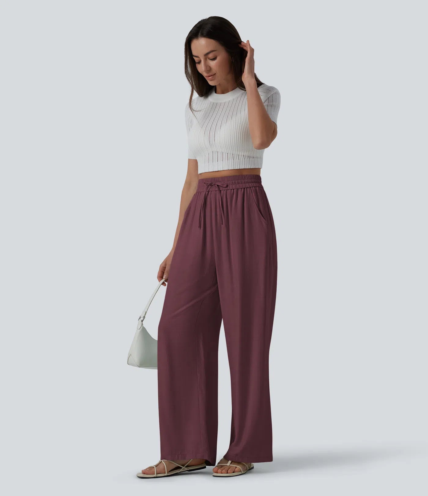 High Waisted Drawstring Wide Leg Casual Linen-Blend Pants with Pockets