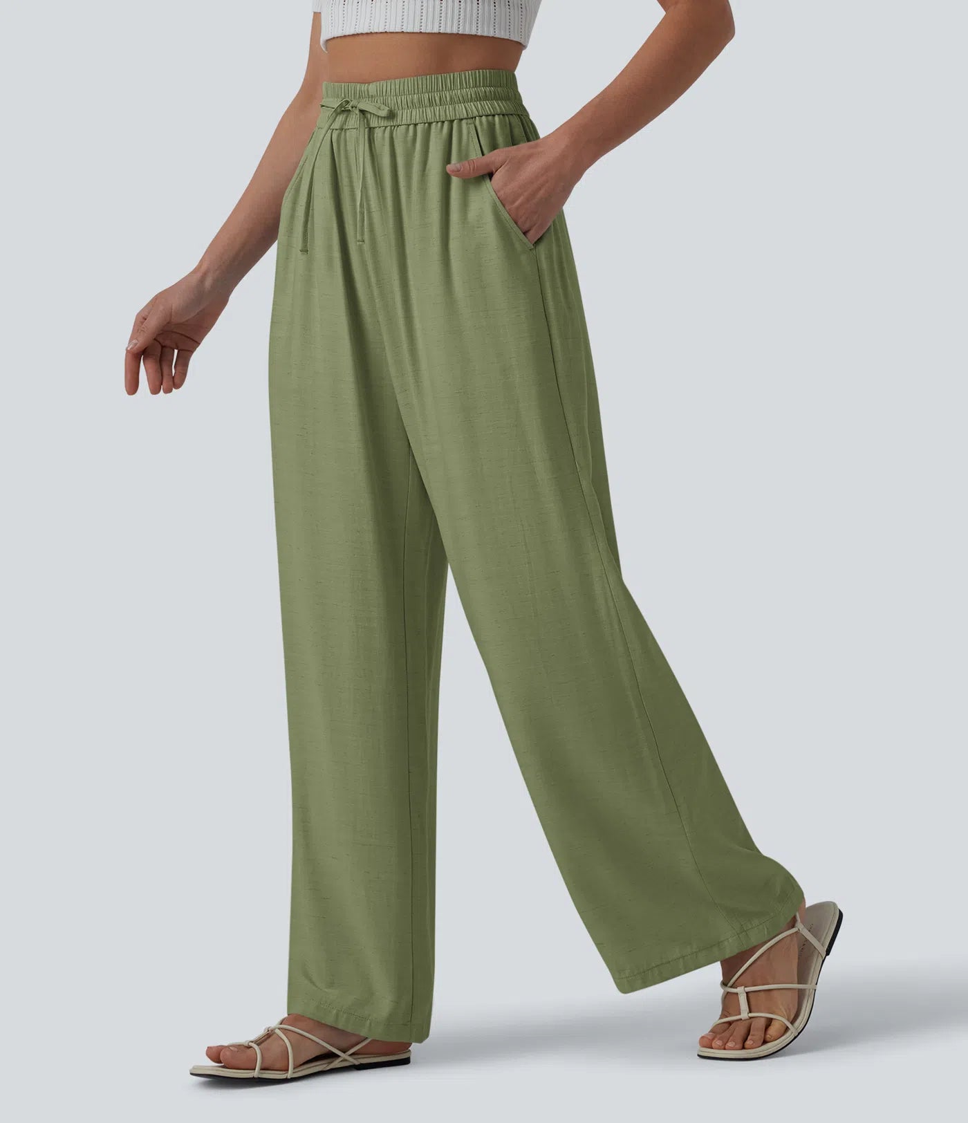 High Waisted Drawstring Wide Leg Casual Linen-Blend Pants with Pockets