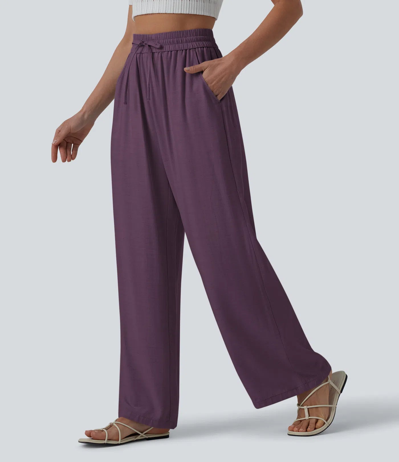High Waisted Drawstring Wide Leg Casual Linen-Blend Pants with Pockets