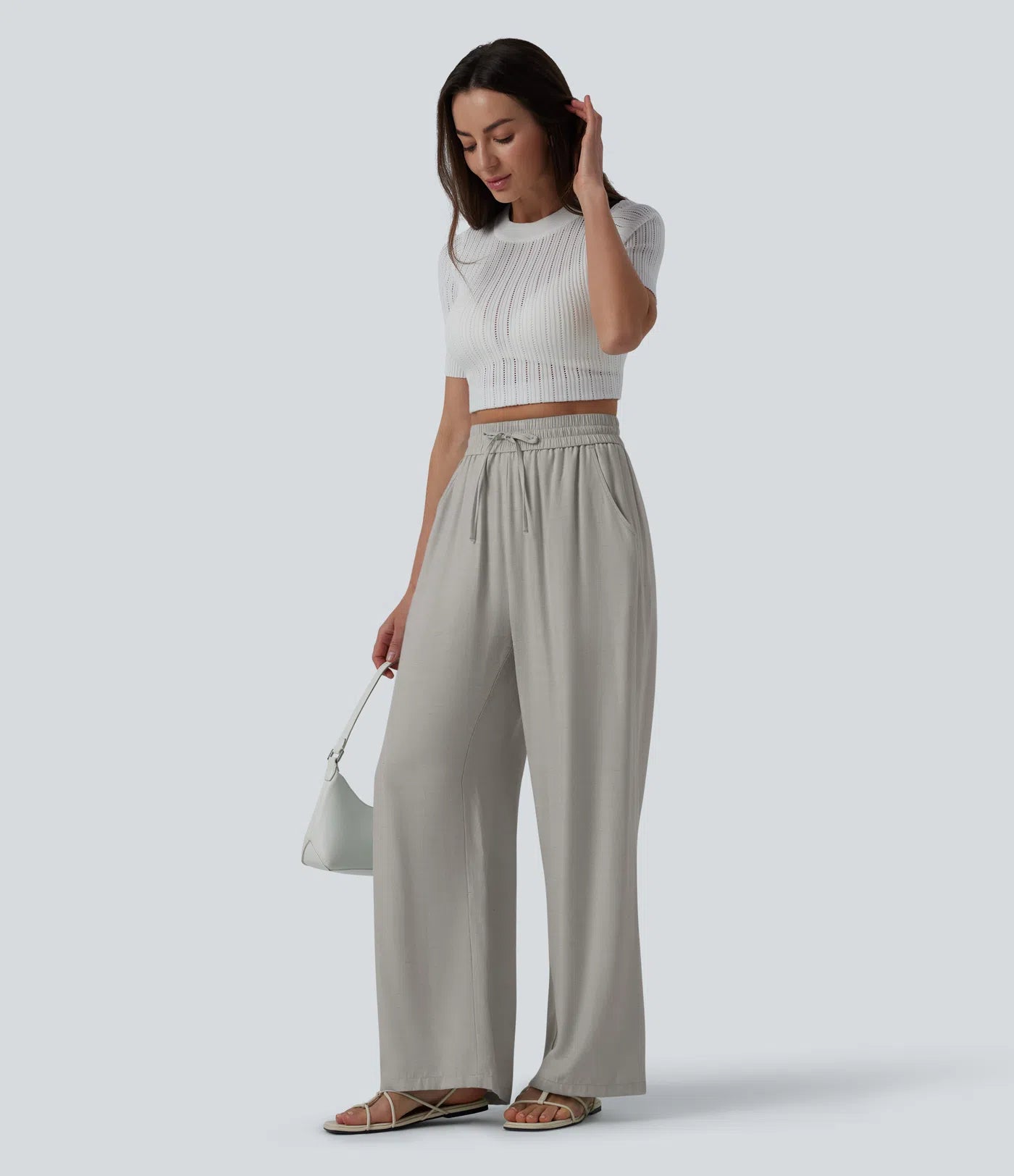 High Waisted Drawstring Wide Leg Casual Linen-Blend Pants with Pockets