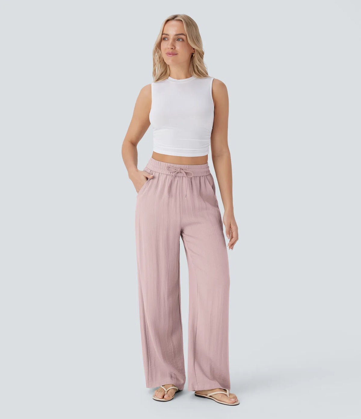 High Waisted Drawstring Pocket Wide Leg Baggy Casual Linen-Feel Pants